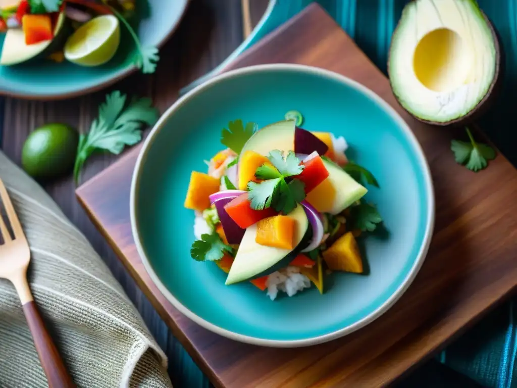 Una presentación vibrante de ceviche peruano, con colores frescos y detalle elegante