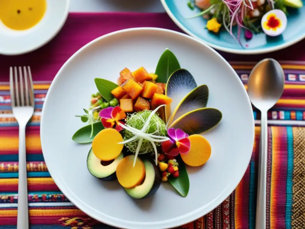 Una presentación vibrante de ceviche peruano moderno en plato blanco, decorado con microgreens y flores comestibles, sobre textiles andinos