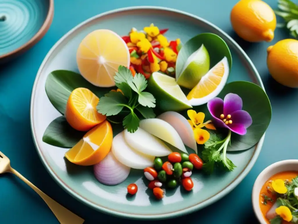 Una presentación vibrante y detallada de un plato de ceviche peruano, resaltando el estilismo gastronómico