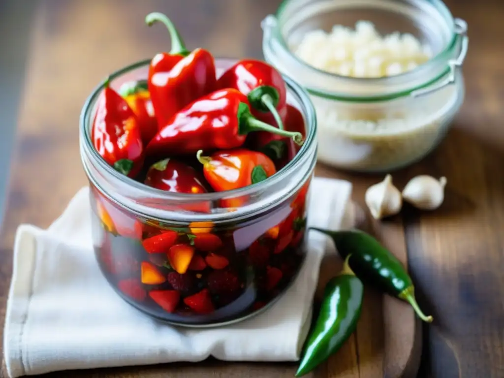 Proceso de fermentación de ajíes peruanos en tarro de cristal con burbujas y hierbas en cocina rústica