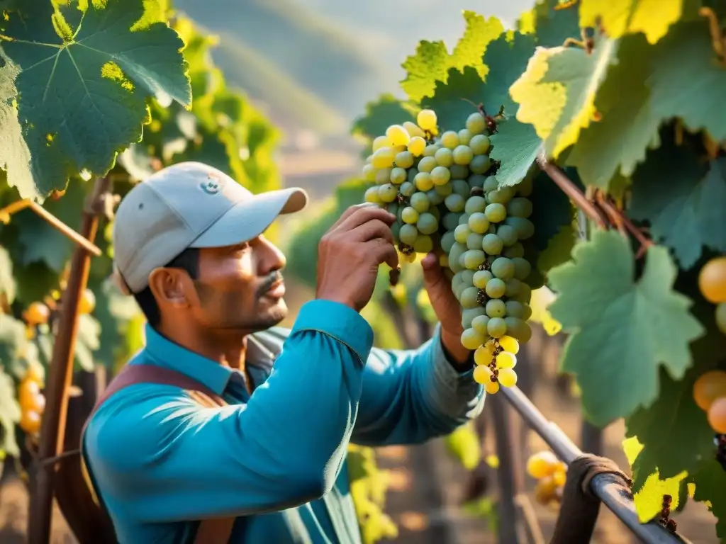 Proceso de cosecha de uvas en viñedo peruano bajo el sol de la tarde