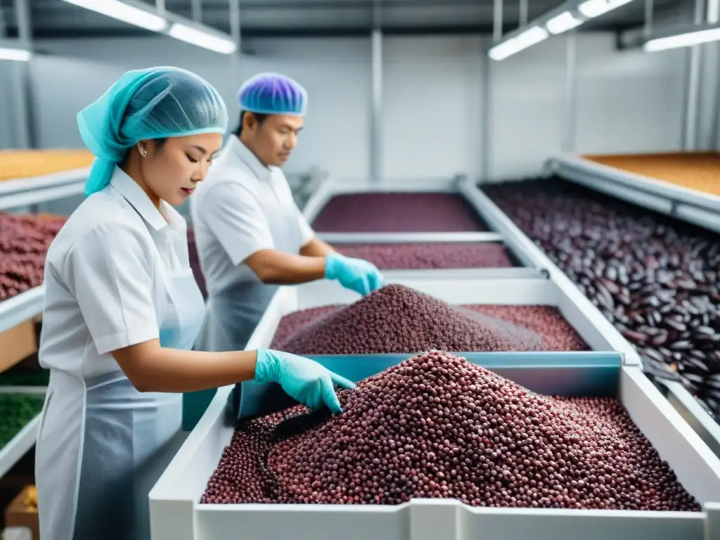 Proceso detallado de envasado al vacío de maíz morado peruano en moderna instalación