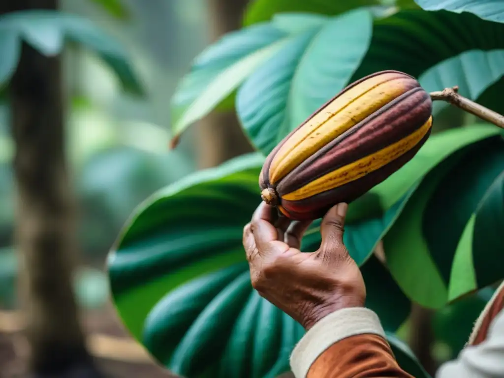 Proceso de elaboración del chocolate en Perú: Detallada escena de agricultores peruanos cosechando cacao en la selva