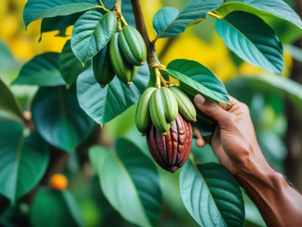 Proceso elaboración chocolate peruano: Detalle de árbol de cacao, hojas verdes y frutos maduros, agricultor cosechando en plantación