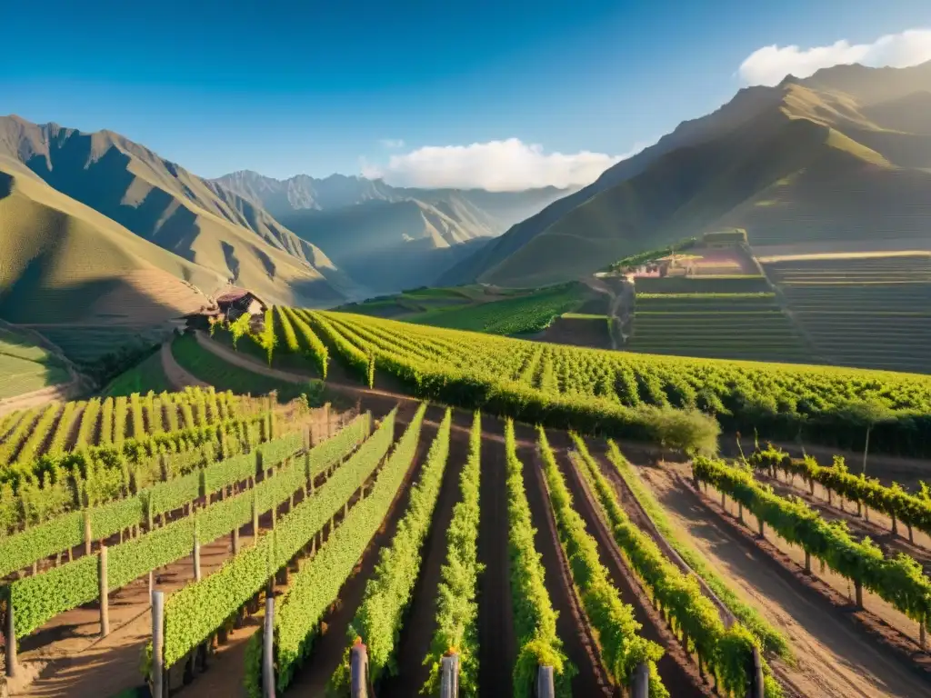 Producciones de Pisco y Vino: Agricultores peruanos cosechan uvas al atardecer en viñedo tradicional