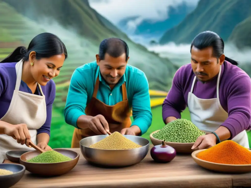 Productores de ingredientes autóctonos cocinan juntos en una cocina peruana tradicional