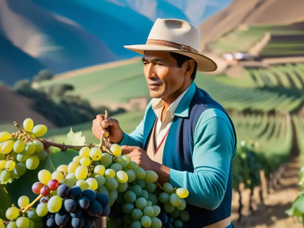 Productores de Pisco en Perú recolectando uvas bajo el sol en los viñedos vibrantes