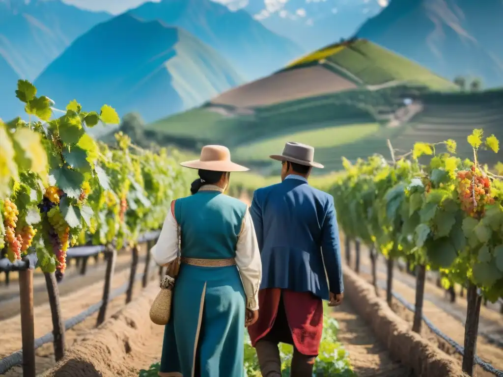 Productores de pisco en Perú inspeccionan viñedos con determinación, frente a los Andes