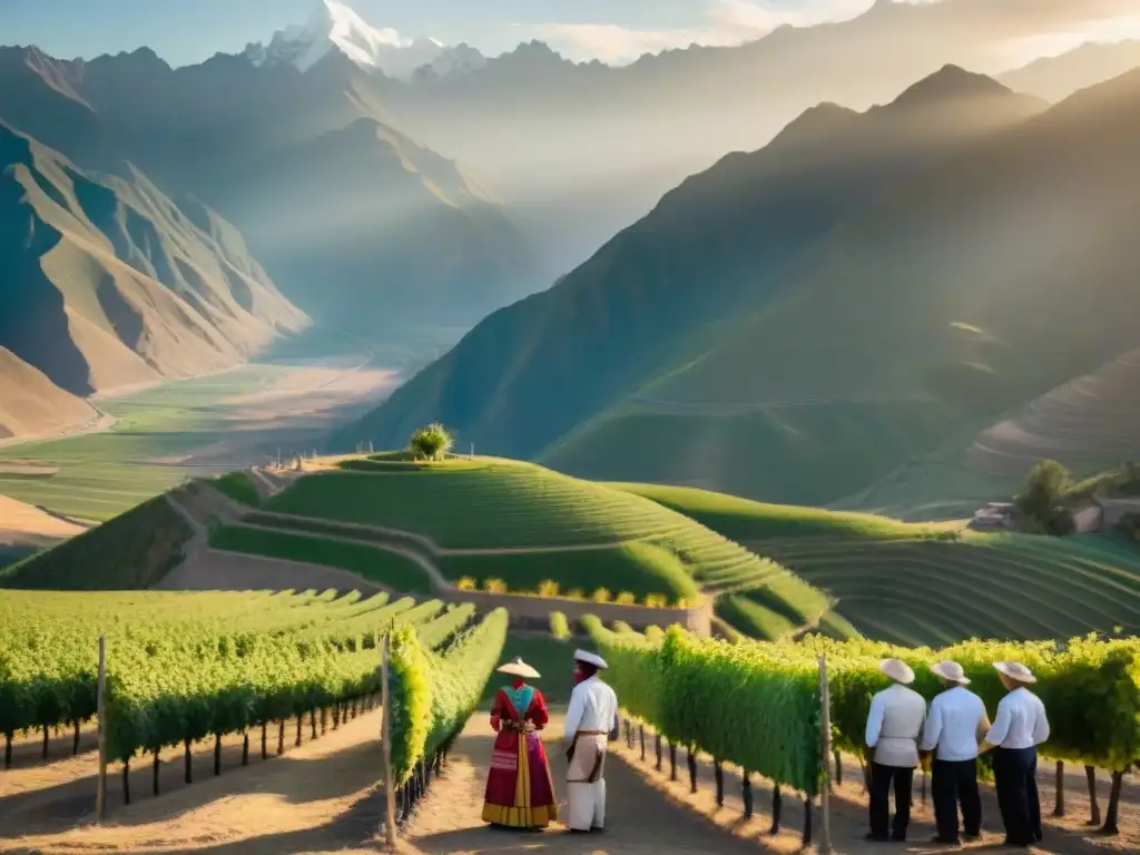 Productores de piscos y vinos peruanos inspeccionan viñedos Andinos al atardecer, destacando su dedicación y expertise en el mercado internacional