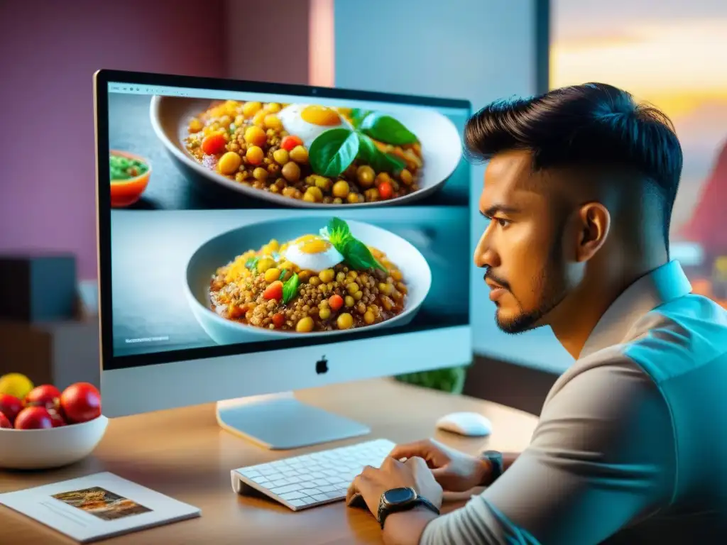 Profesional de la fotografía gastronómica en Perú, concentrado en editar una imagen vibrante de un plato peruano en su computadora de alta gama