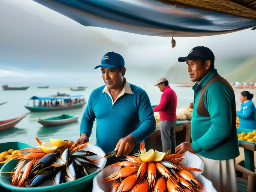 Puesta de sol en mercado de mariscos en la costa peruana, con pescadores descargando capturas frescas