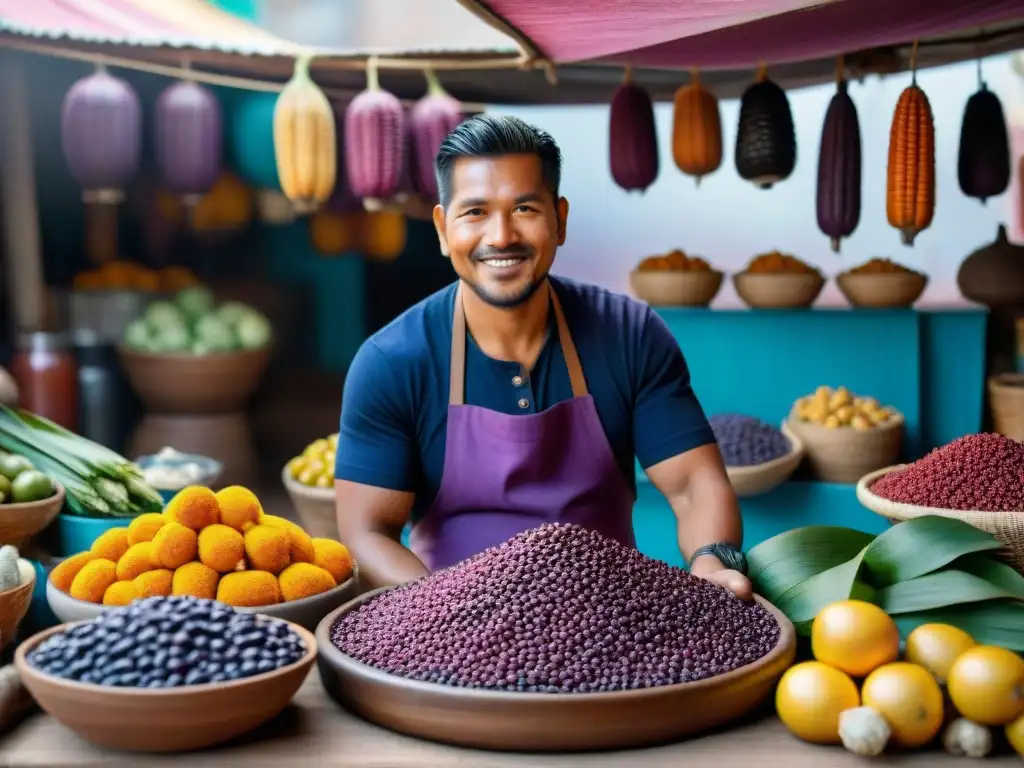 Un puesto andino rebosante de maíz morado y frutas frescas, donde se prepara la chicha morada