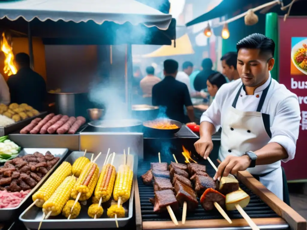 Un puesto de anticuchos de alta cocina en Perú, con clientes entusiasmados observando al chef experto en la parrilla