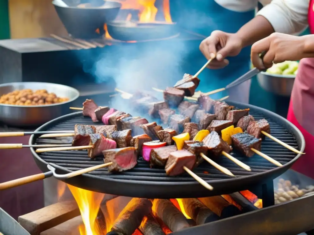 Un puesto callejero en Lima donde se cocinan anticuchos de corazón de res con maestría, en medio de un bullicioso mercado