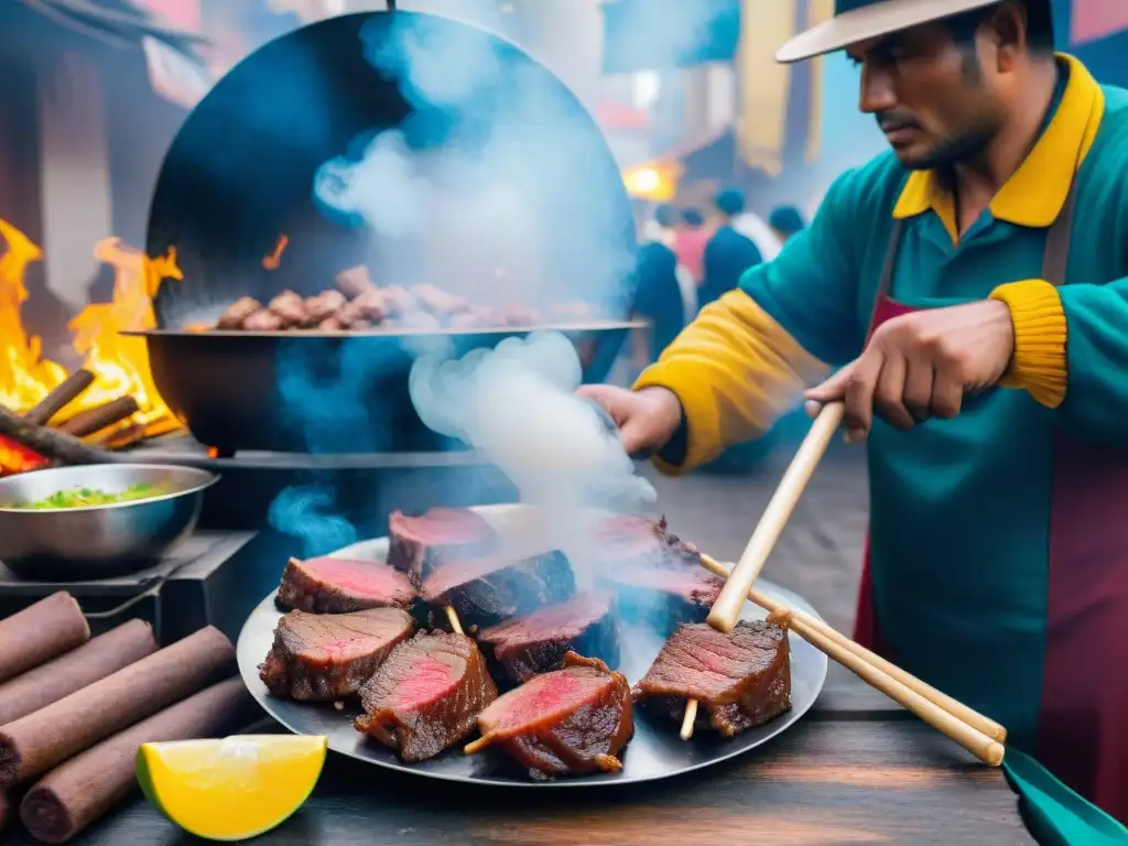 Un puesto callejero en Lima, Perú, preparando anticuchos de corazón con la receta tradicional