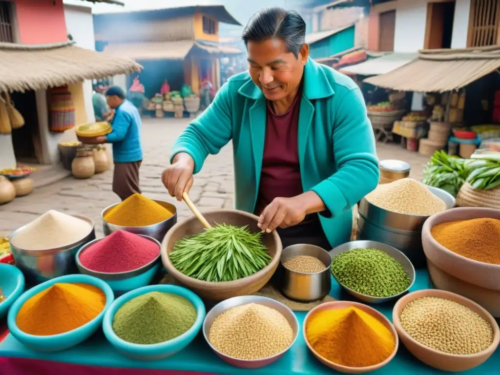 Un puesto callejero en Perú preparando la receta auténtica de emoliente peruano, resaltando la tradición y colorido del proceso