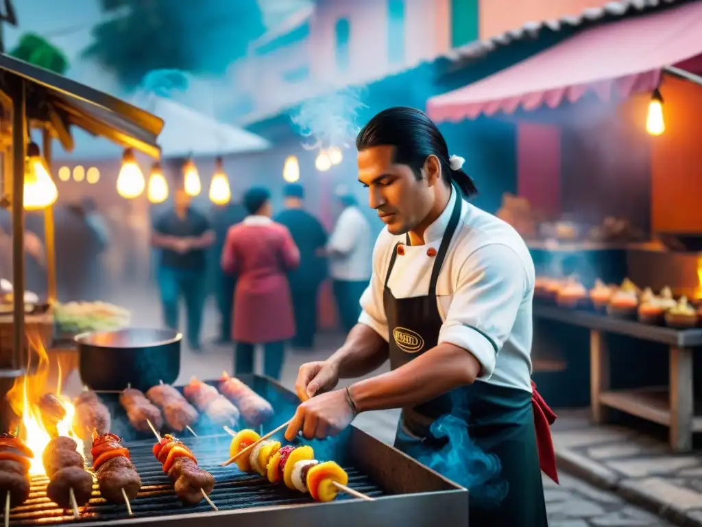 Un puesto de comida callejera en Perú al anochecer, cocinando Anticuchos de Corazón Peruanos sobre fuego abierto, rodeado de clientes emocionados