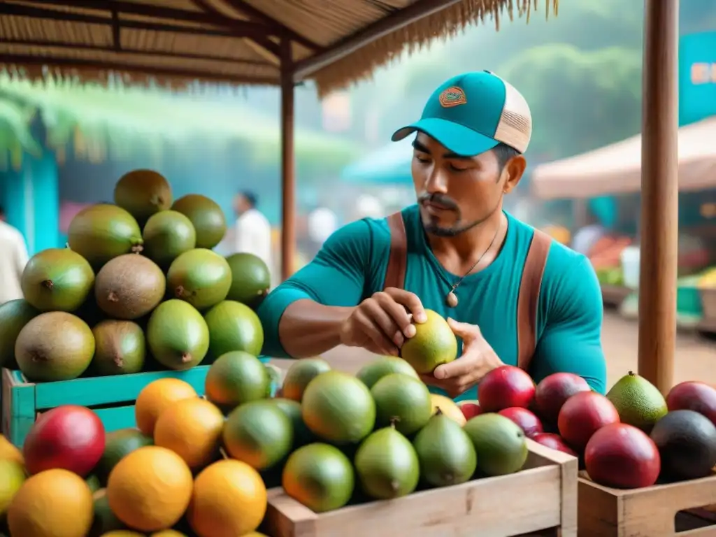 Un puesto de mercado en la Amazonía con refresco de cocona receta original, frutas vibrantes y vendedor local