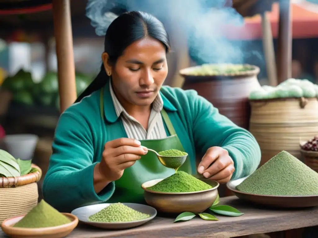 Un puesto de mercado peruano con hojas de coca y mate de coca, transmitiendo la autenticidad cultural y los Beneficios del mate de coca