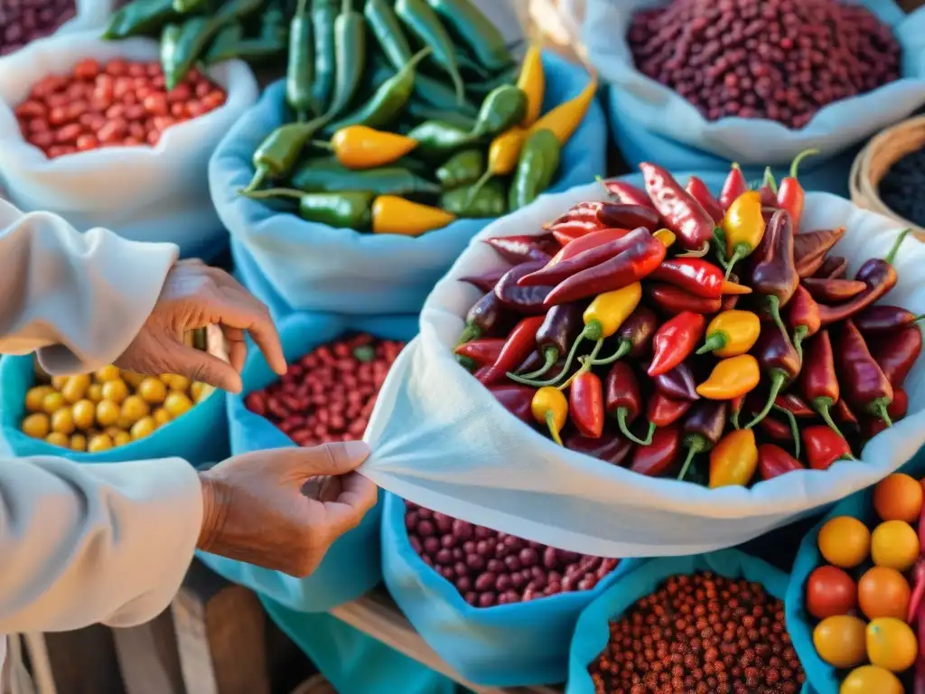 Un puesto de mercado peruano rebosante de ajíes en variadas formas y colores