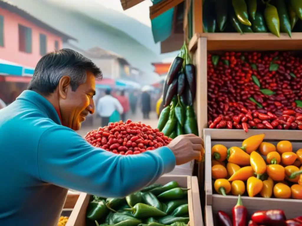 Un puesto de mercado en Perú rebosante de variados ajíes, resaltando su importancia cultural y culinaria