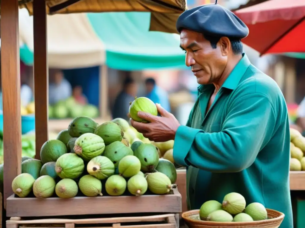 Un puesto peruano de mercado con cherimoyas vibrantes, donde un vendedor prepara expertamente un refresco en prensa de madera