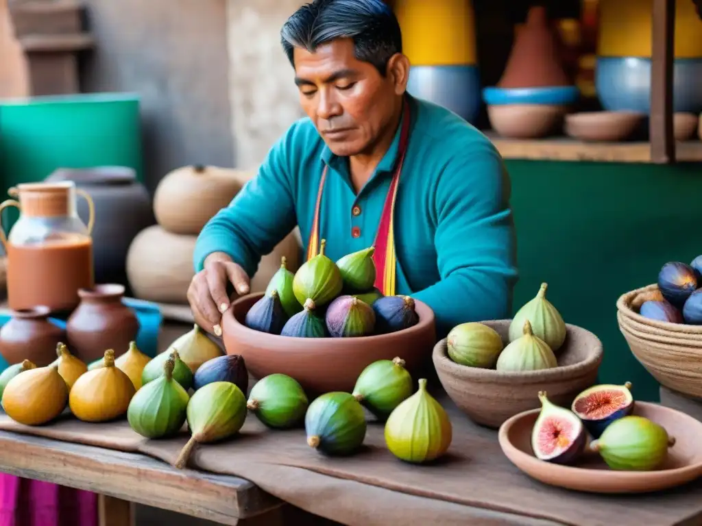 Un puesto tradicional peruano con higos frescos y un vendedor preparando refresco de higo peruano en una jarra de barro