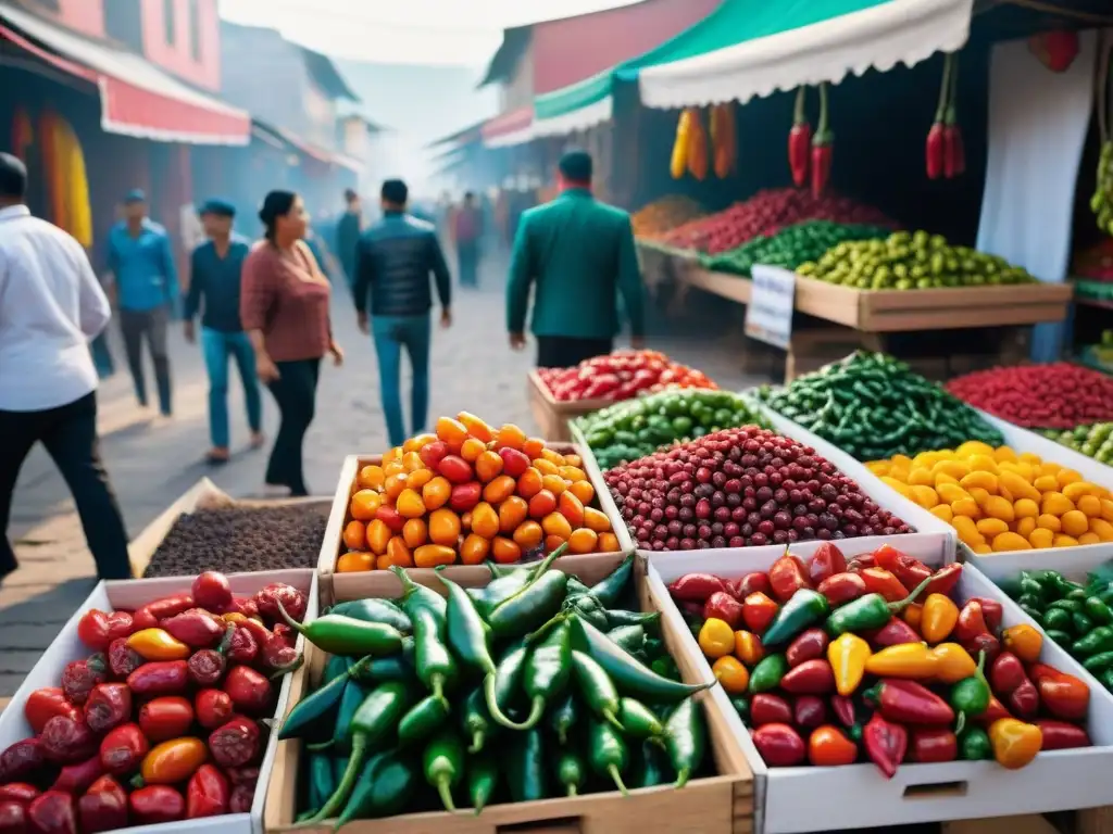 Un puesto vibrante en un mercado peruano con ajíes de vivos colores