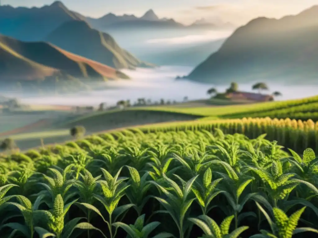 Plantación de quinua al amanecer en Perú, mostrando su impacto ambiental y beneficios en la sostenibilidad