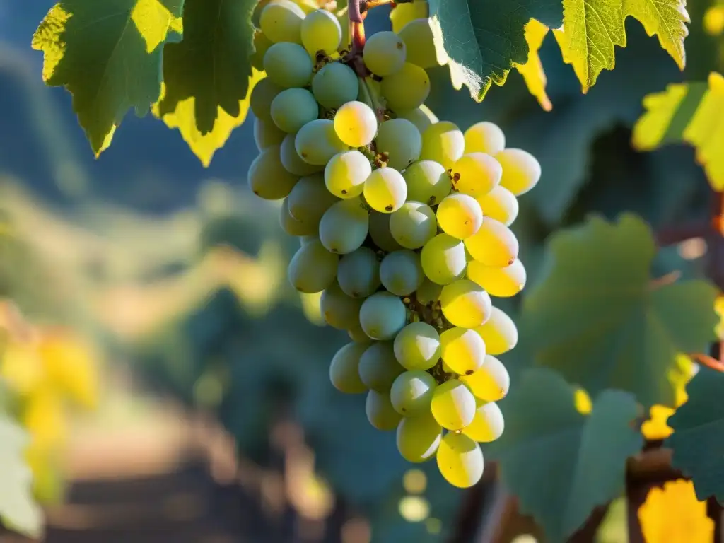 Un racimo selecto de uvas doradas de pisco, brillantes bajo el sol en un viñedo en Perú