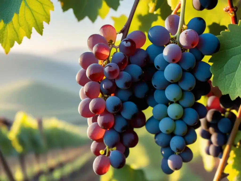 Un racimo de uvas Quebranta maduras brillando bajo el sol matutino en los viñedos del Valle de Ica en Perú, destacando el sabor del pisco por región