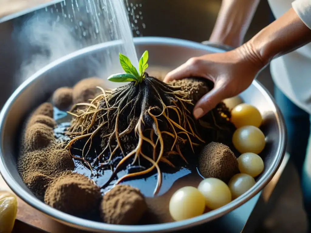 Raíces de yacón recién cosechadas siendo lavadas bajo el agua, mostrando la tierra, la piel fibrosa y las gotas de agua brillando al sol