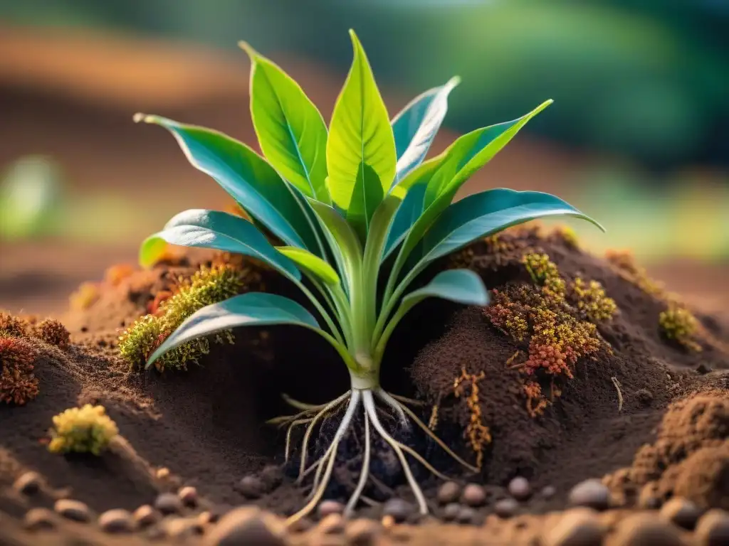 Raíces y hojas verdes de yacón vibrante creciendo en suelo andino, conectando con la tierra