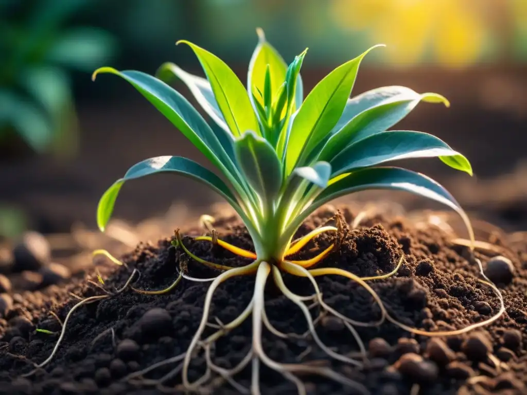 Raíces vibrantes de yacón enriquecen la tierra oscura, capturando la vitalidad de la planta