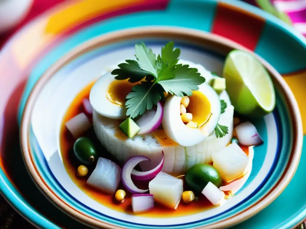 Realidad aumentada: ceviche peruano tradicional en plato colorido con limón, cilantro y maíz