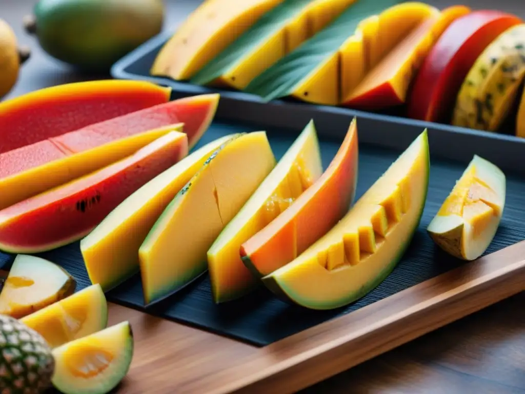 Rebanadas coloridas de frutas peruanas en bandejas de deshidratación, conservando la esencia gastronomía peruana