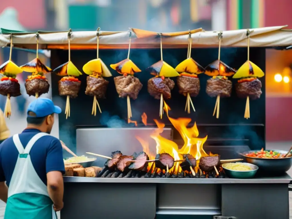 Receta anticuchos corazones peruanos en bulliciosa calle de Lima, con chefs, clientes y coloridas decoraciones