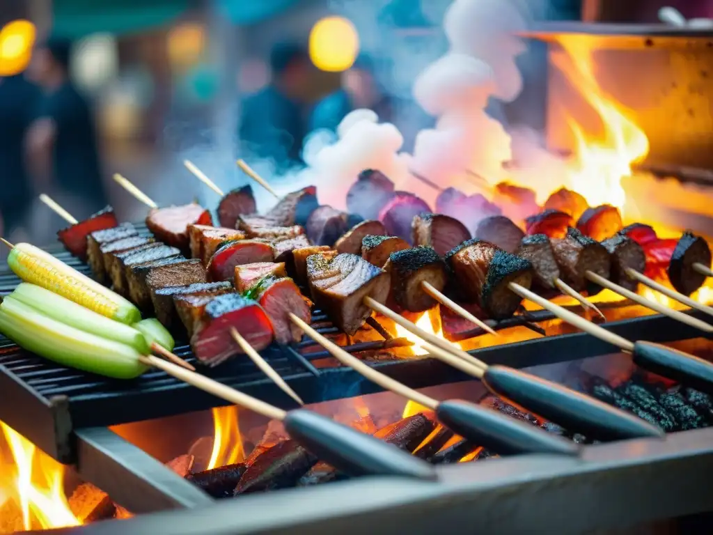 Receta anticuchos corazones peruanos: Chef experto preparando anticuchos en bullicioso mercado nocturno peruano