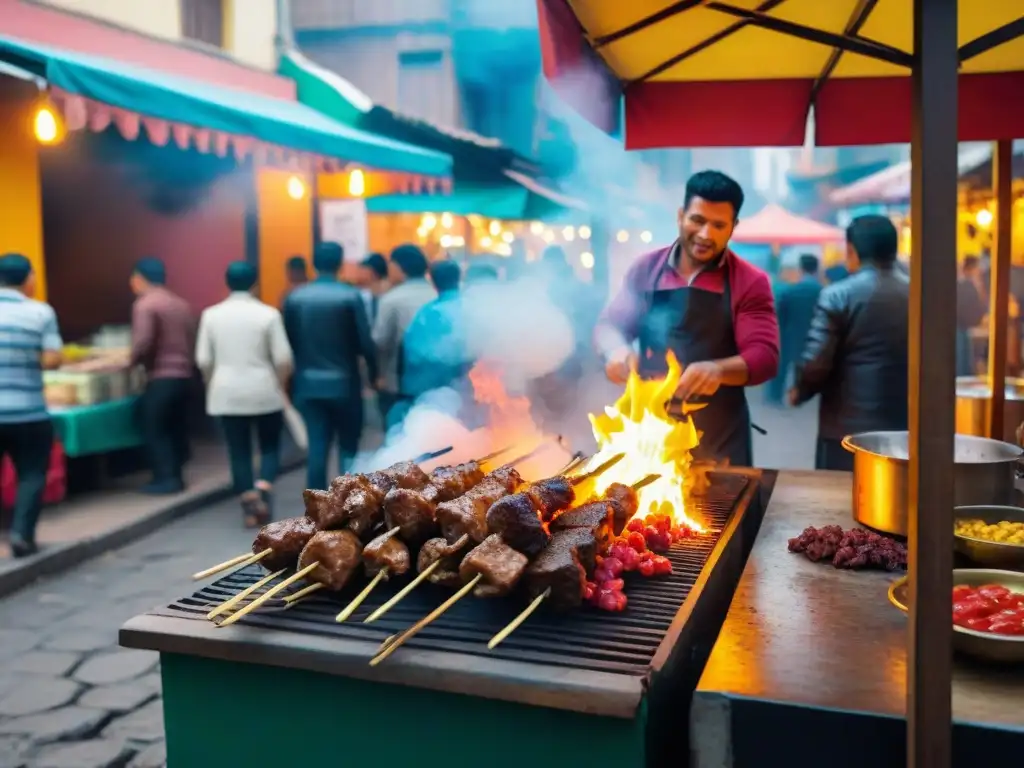 Receta anticuchos corazones peruanos: Animado mercado callejero en Lima con vendedores y humeantes brochetas de corazón de res