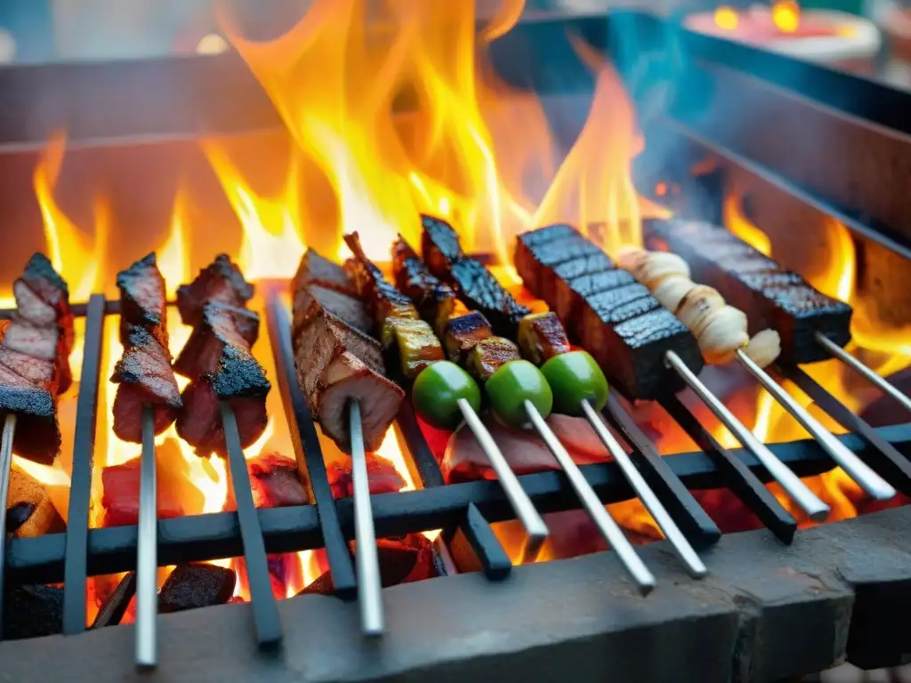 Receta auténtica de anticuchos peruanos en parrilla callejera vibrante