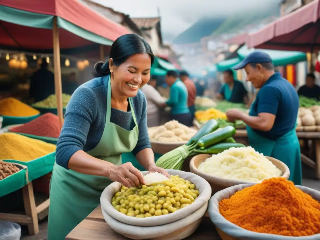 Una receta auténtica causa limeña cobra vida en un bullicioso mercado de Lima, Perú, con colores y sabores vibrantes