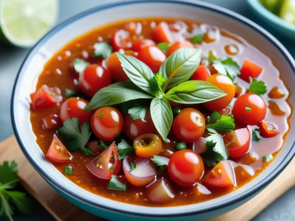 Receta auténtica salsa criolla peruana: Una colorida y vibrante bowl con tomate, cebolla, cilantro, limón y chiles rojos