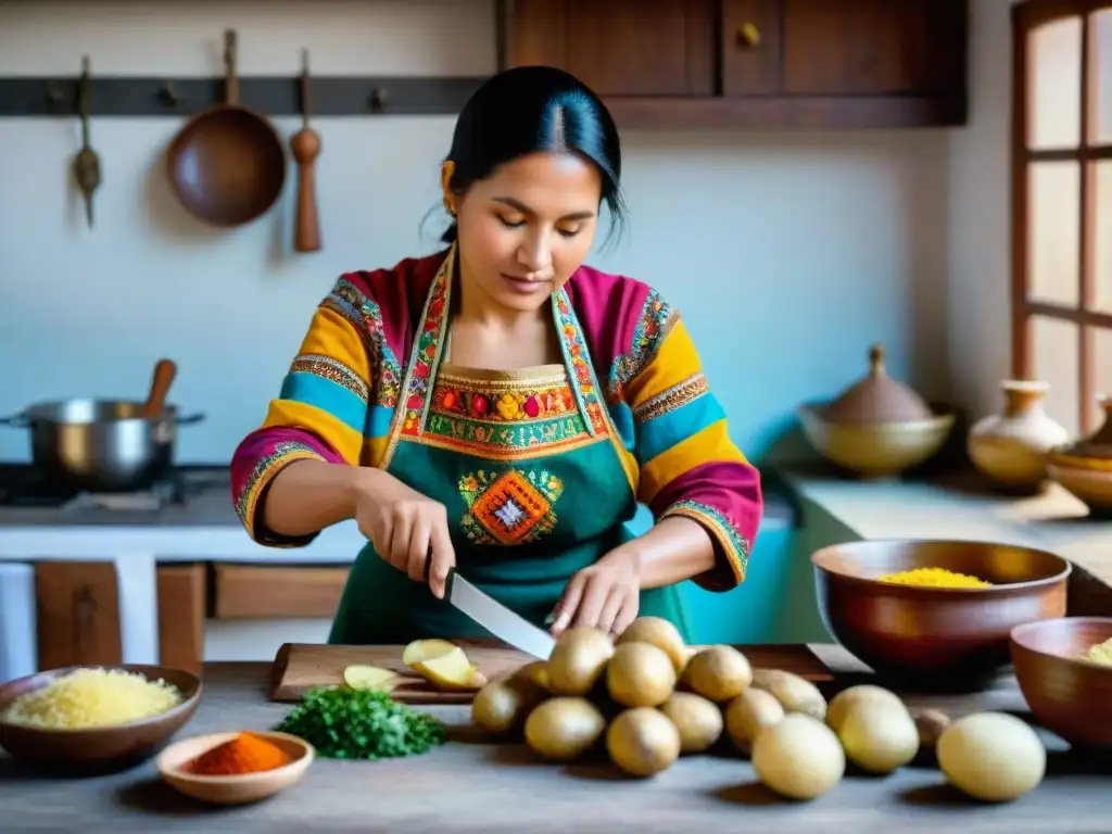 Receta auténtica de Papa a la Huancaína: Mujer peruana cortando papas en cocina tradicional