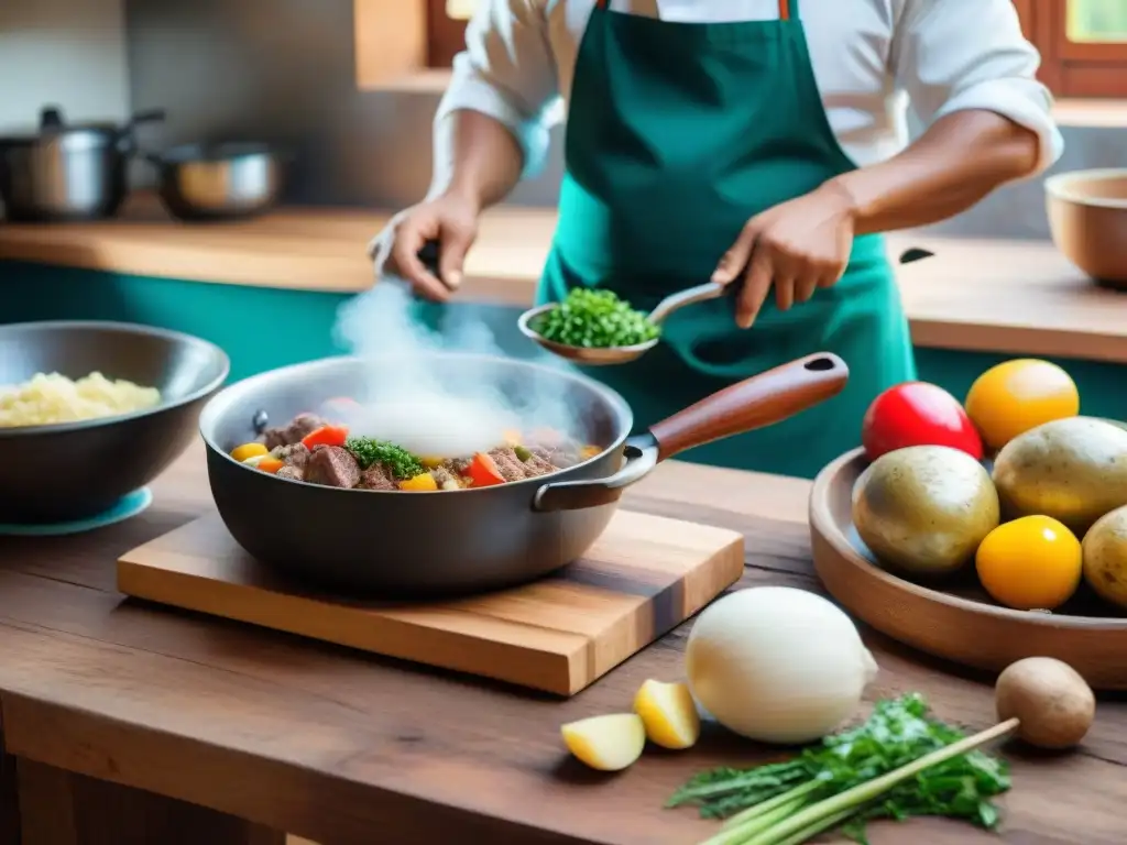 Una receta auténtica chanfainita peruana: Chef preparando el tradicional guiso en una cocina peruana, llena de color y aroma