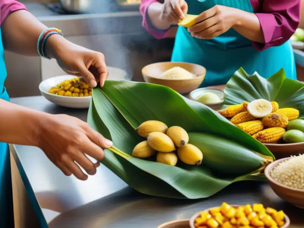 Una receta auténtica juane peruano cobra vida en una bulliciosa cocina tradicional llena de coloridos ingredientes frescos y destreza culinaria