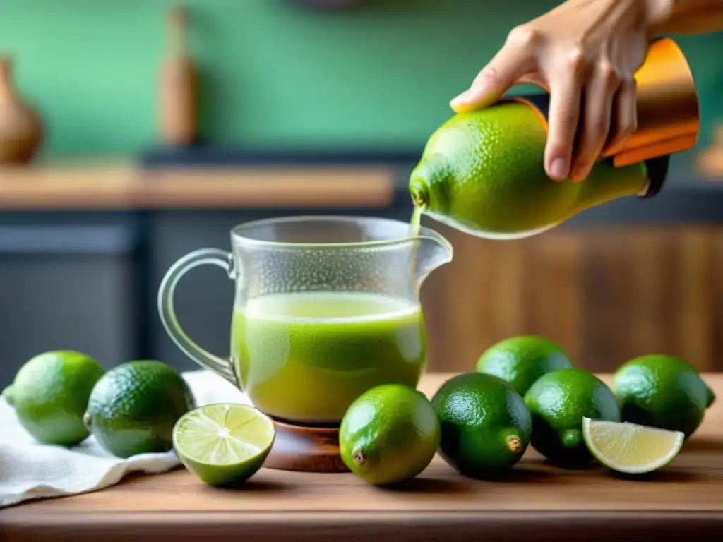 Preparando una receta auténtica Pisco Sour Peruano con limones frescos y un exprimidor de madera en una cocina rústica