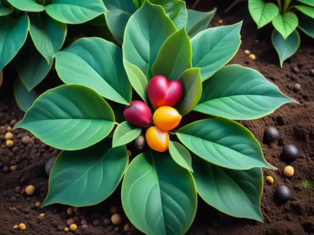 Receta autóctona del olluquito andino: Detalle de planta de olluco andino con hojas en forma de corazón y tubérculos coloridos en suelo andino