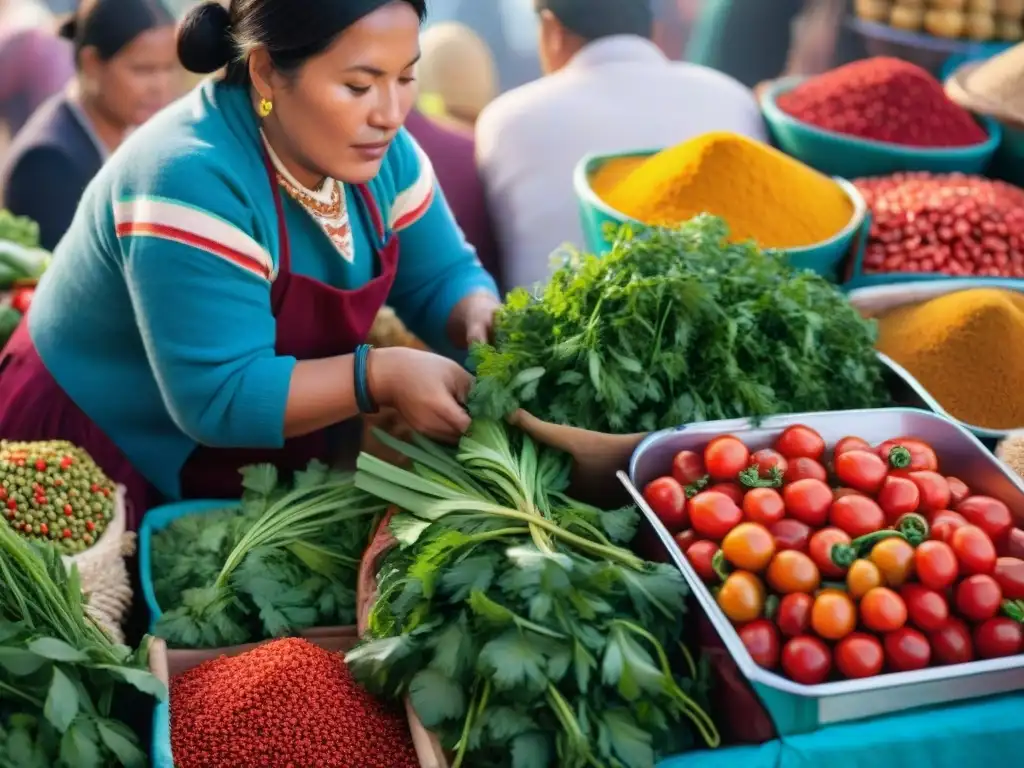 Receta caldo de cabeza peruano: Un mercado andino rebosante de ingredientes coloridos y exóticos, con mujeres indígenas vendiendo sus productos