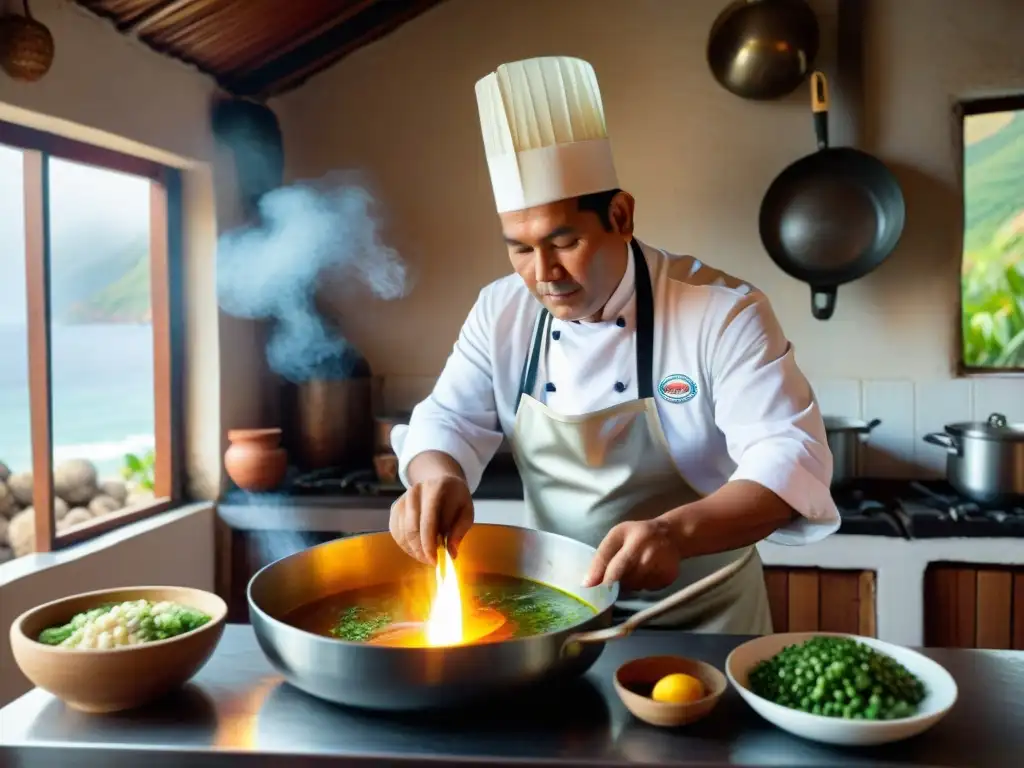 Receta chupe camarones costa peruana: Chef prepara Chupe de Camarones en cocina rústica frente al Pacífico, destacando colores y tradición