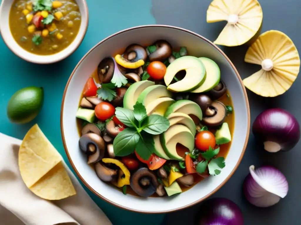 Delicioso ceviche de champiñones: tradición peruana vegetariana Deléitate con la receta ceviche vegetariano champiñones en un vibrante plato lleno de frescura y color